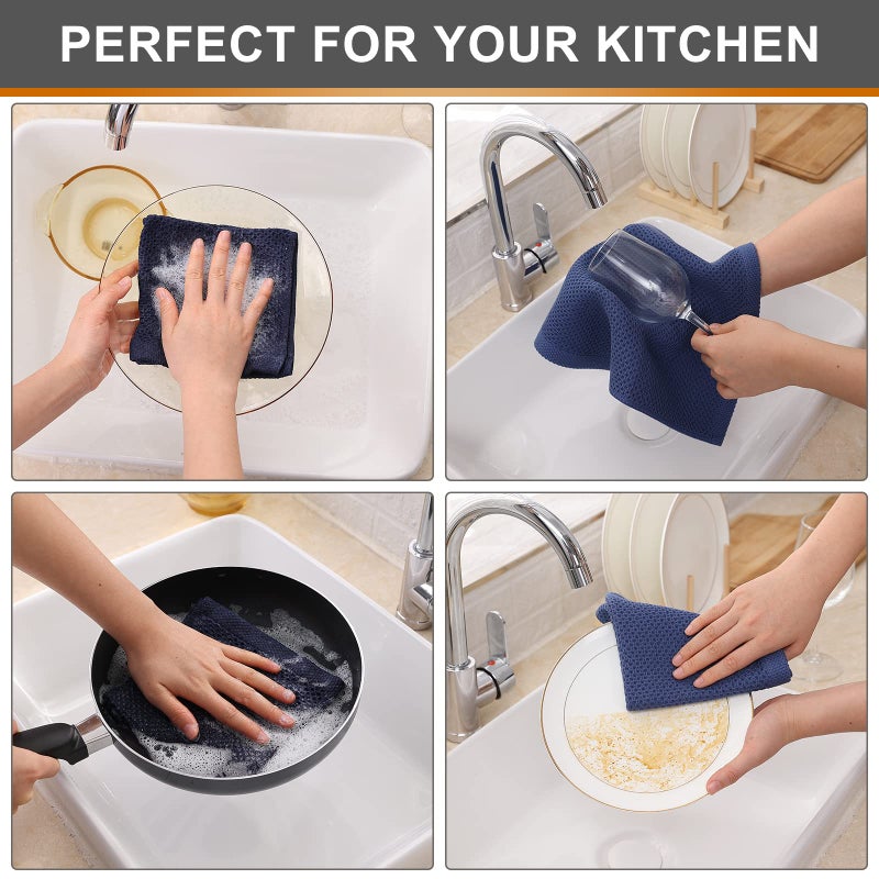Kitinjoy 100% Cotton Kitchen Dish Cloths, 6 Pack Waffle Weave Ultra Soft Absorbent Dish Towels for Drying Dishes Quick Drying Kitchen Towels Dish Rags, 12 X 12 Inches, Navy Blue - Image 4